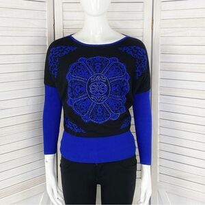 Laura Petites Mandala Print Rhinestone Colorblock Sweater Black Blue XS